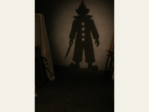 The pointed hat, ruff and knife of the Clown Shadow on the conservation-room wall.