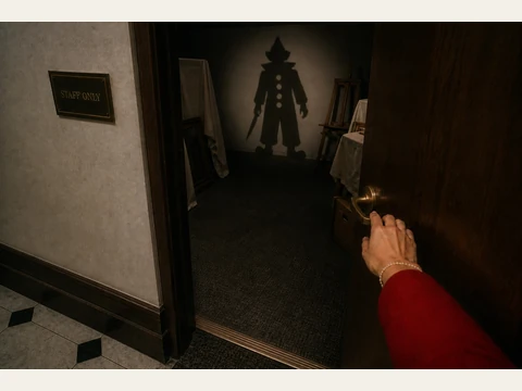 The dark conservation room beyond the staff door.