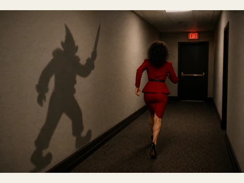 The narrow false-exit corridor and its red EXIT sign.