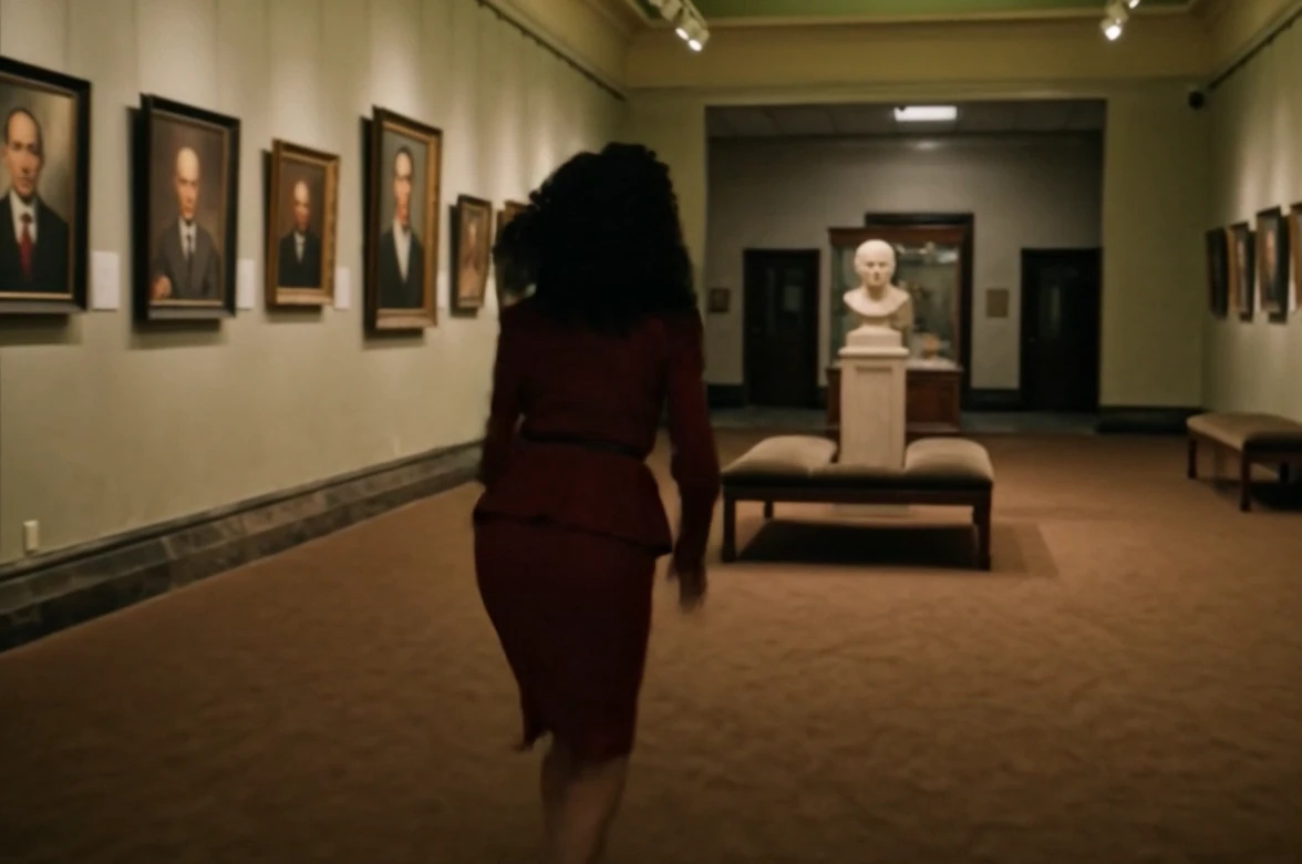 The long portrait gallery, with repeating benches and marble busts.