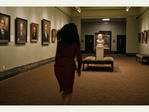 The long portrait gallery, with repeating benches and marble busts.