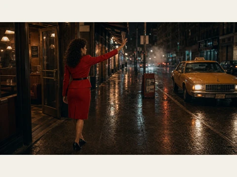 Mara Vasquez hails a taxi from the wet sidewalk outside the café.
