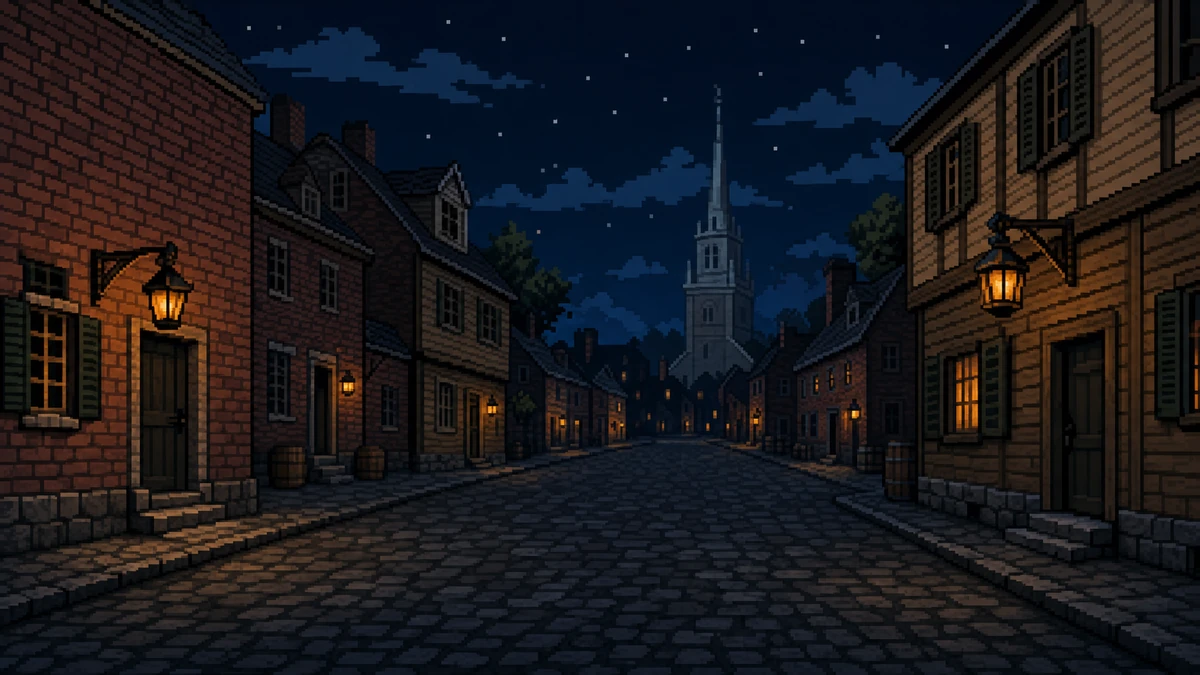 The quiet Boston departure street in the pixel-art production reference.