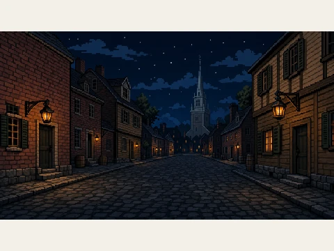 The quiet Boston departure street in the pixel-art production reference.