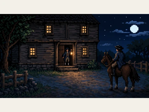 The rider pauses at the lantern-lit Lexington doorway.
