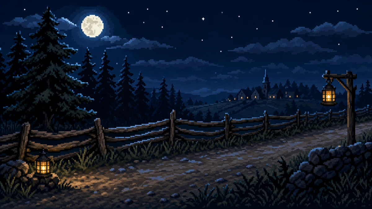 The moonlit road between split-rail fences.