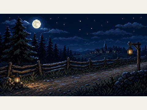 The moonlit road between split-rail fences.