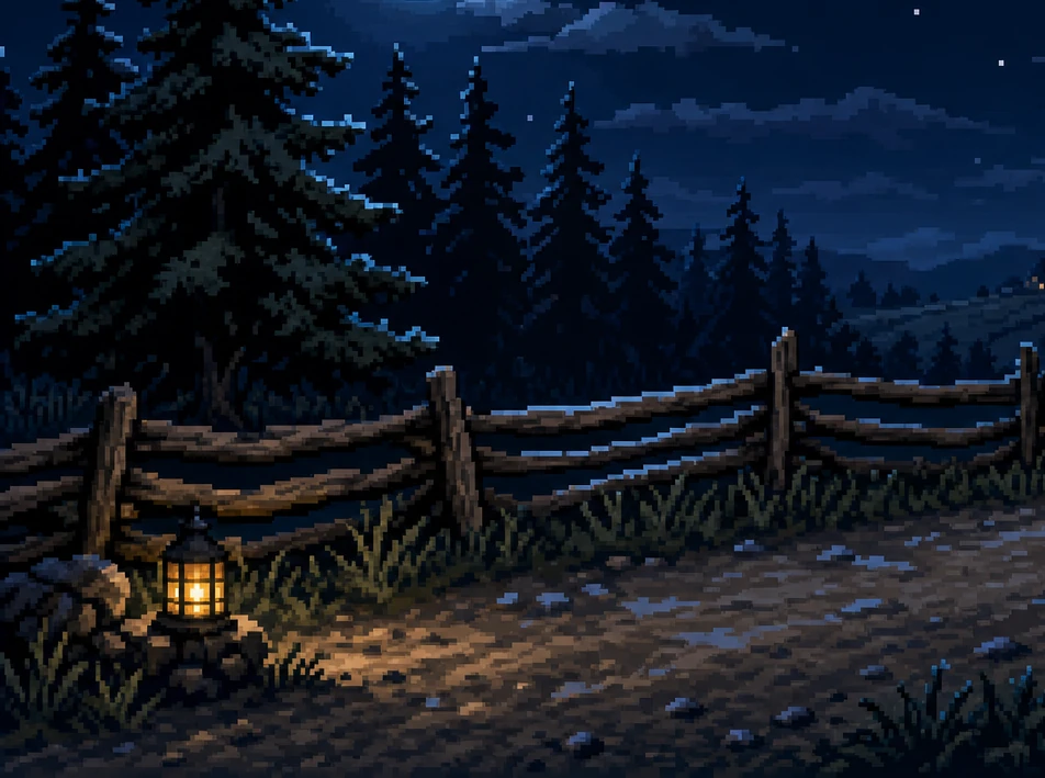 The shadowed roadside fence and trees from the moonlit-road reference.