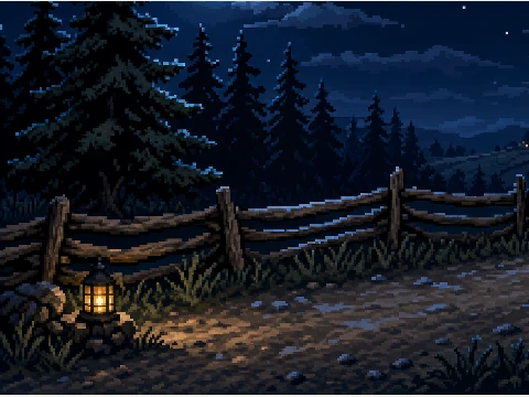 The shadowed roadside fence and trees from the moonlit-road reference.
