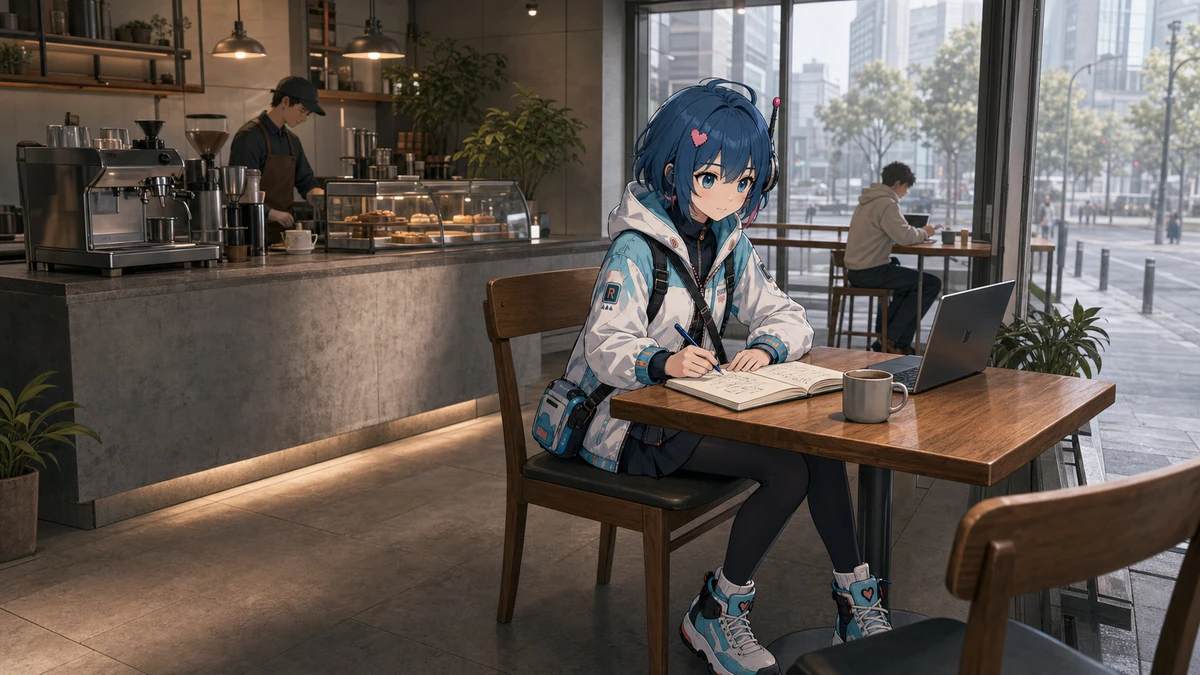 The downtown café, with the counter behind Rosie’s window table.
