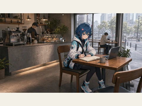 The downtown café, with the counter behind Rosie’s window table.