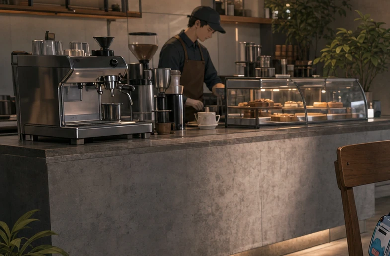 The rear counter and espresso equipment in the café reference.