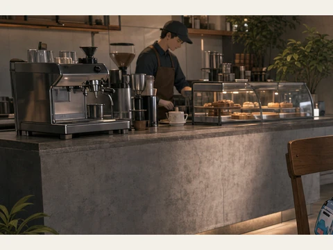The rear counter and espresso equipment in the café reference.