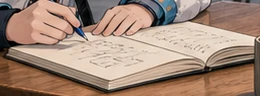 Rosie’s notebook lies open beside the laptop.