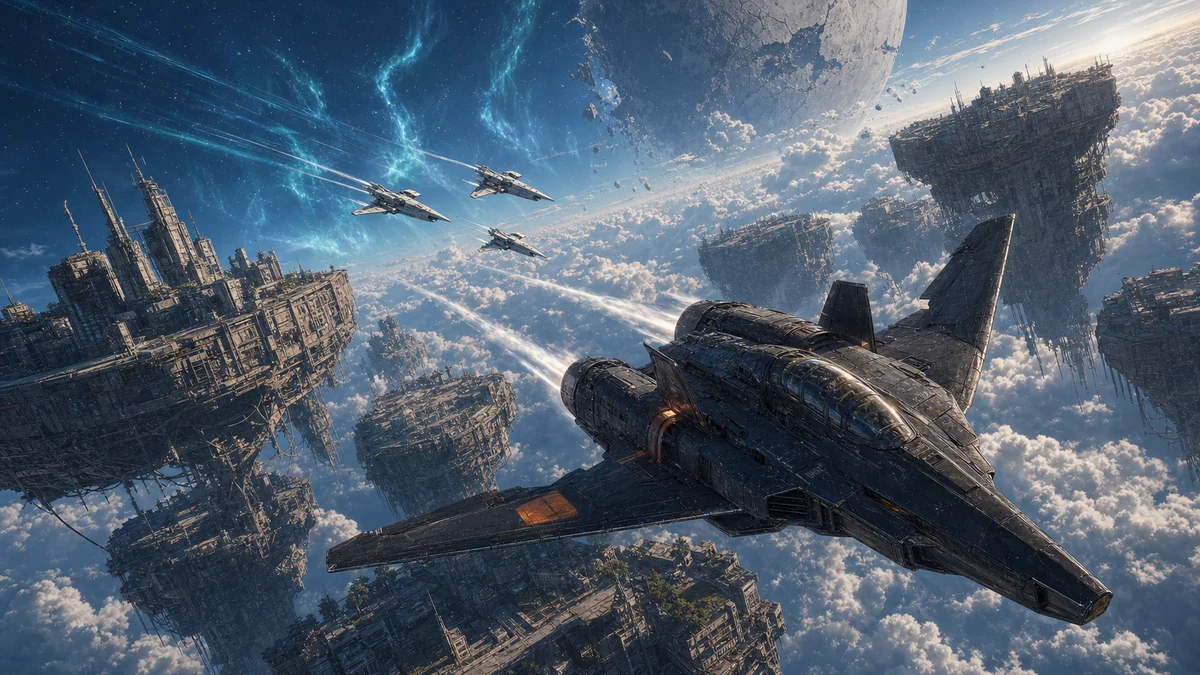 An aircraft passes among the floating city blocks.