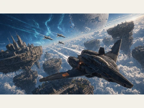 An aircraft passes among the floating city blocks.