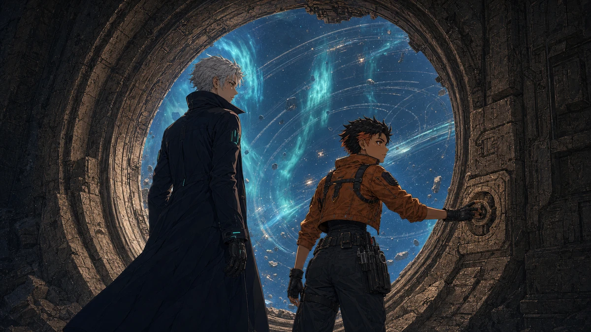 The stone vault opens onto a sky of luminous orbit traces.