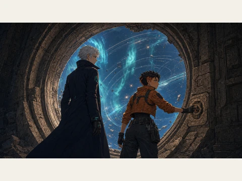 The stone vault opens onto a sky of luminous orbit traces.