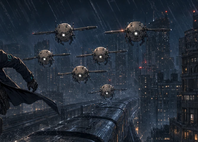 The Quiet Bureau’s drone formation above the train.