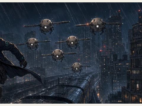The Quiet Bureau’s drone formation above the train.