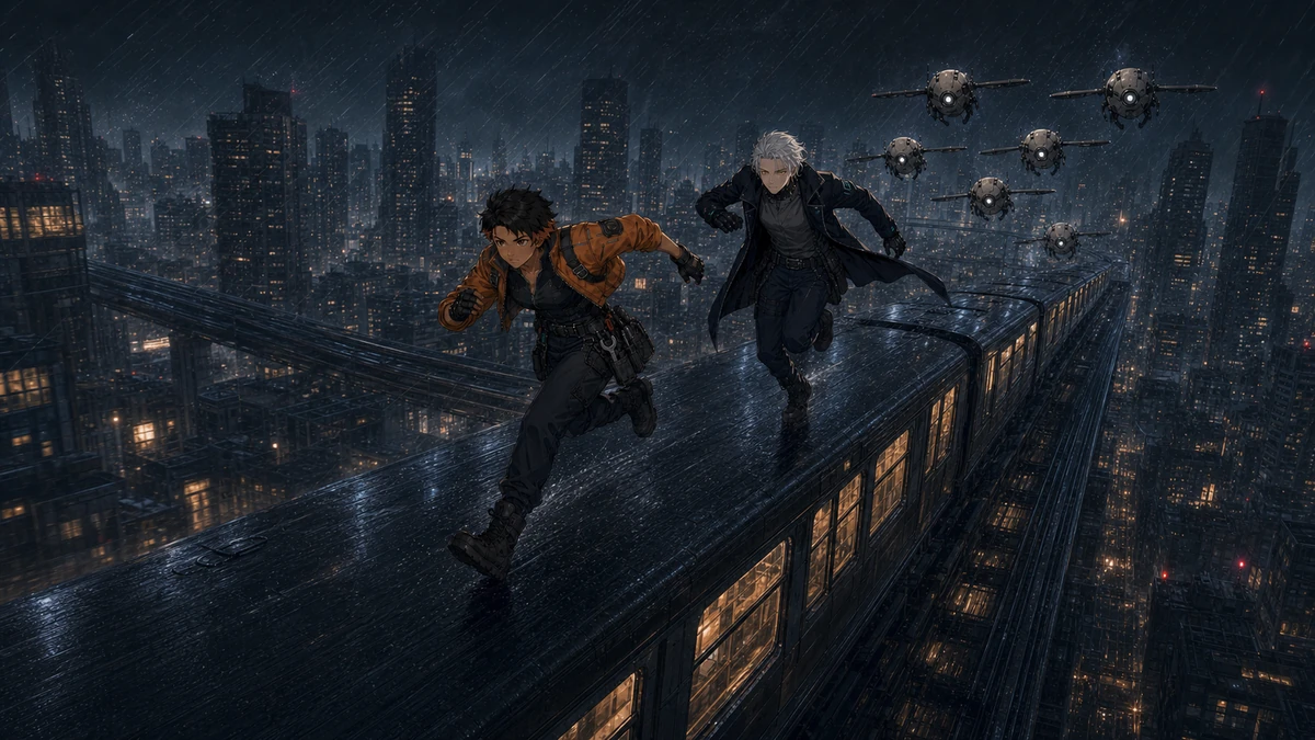 Rin and Pax cross the rain-soaked elevated train roof.