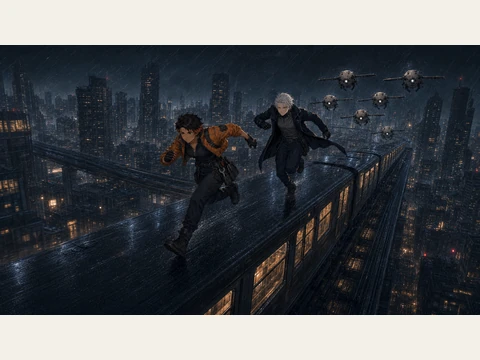 Rin and Pax cross the rain-soaked elevated train roof.