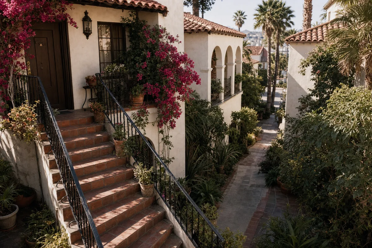 The exterior stairs outside Vivienne’s apartment.