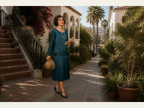Vivienne reaches the bungalow court walk in the studio-call film.