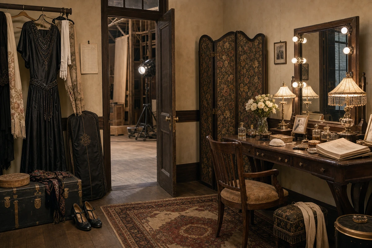 The studio dressing room, with vanity and costume rack.