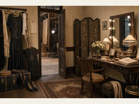 The studio dressing room, with vanity and costume rack.