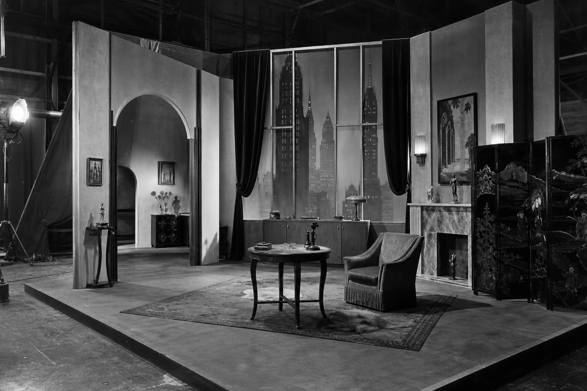 The black-and-white apartment set for The Velvet Hour.