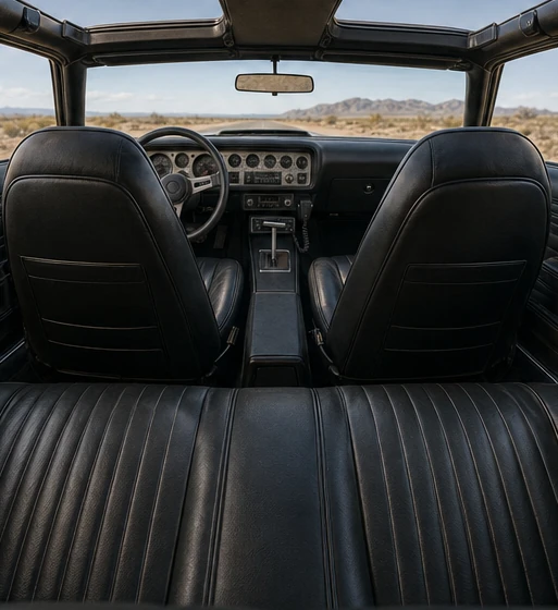 The coupe’s black-vinyl back seat beneath the T-top roof.