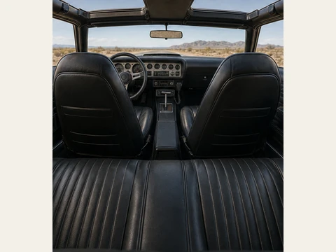 The coupe’s black-vinyl back seat beneath the T-top roof.