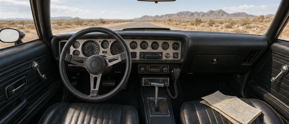 The coupe’s front seats, analog gauges and black dashboard.