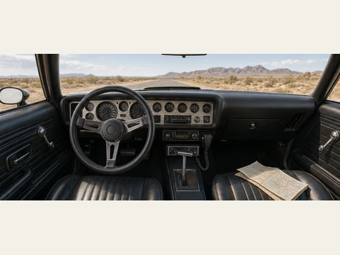 The coupe’s front seats, analog gauges and black dashboard.