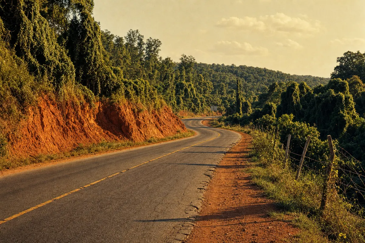 The broad red-clay shoulder on the county-road curve.