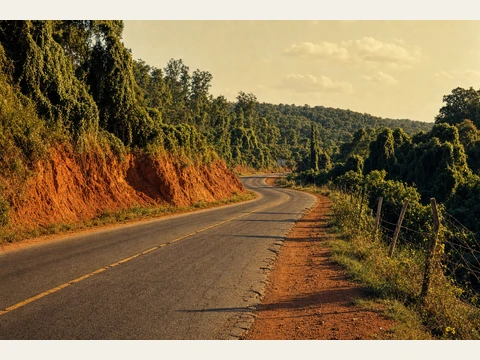 The broad red-clay shoulder on the county-road curve.
