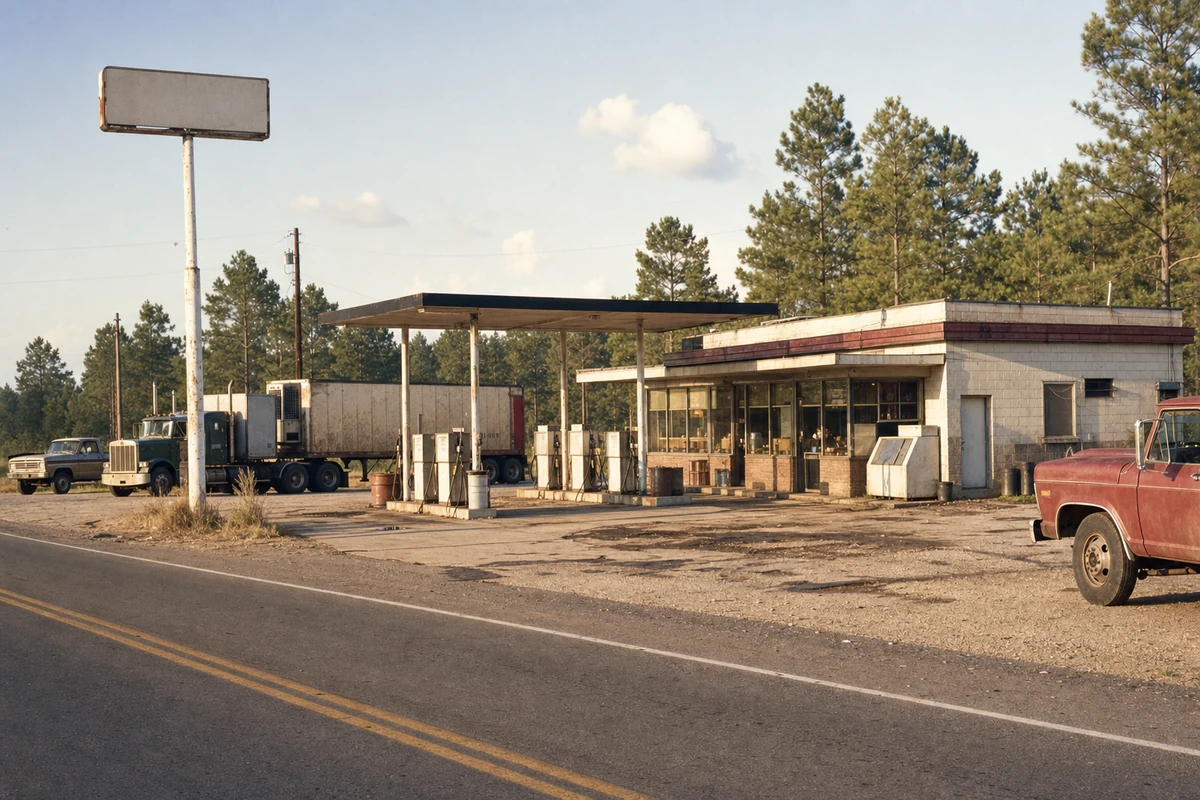 The roadside truck stop, with fuel pumps and a low diner.