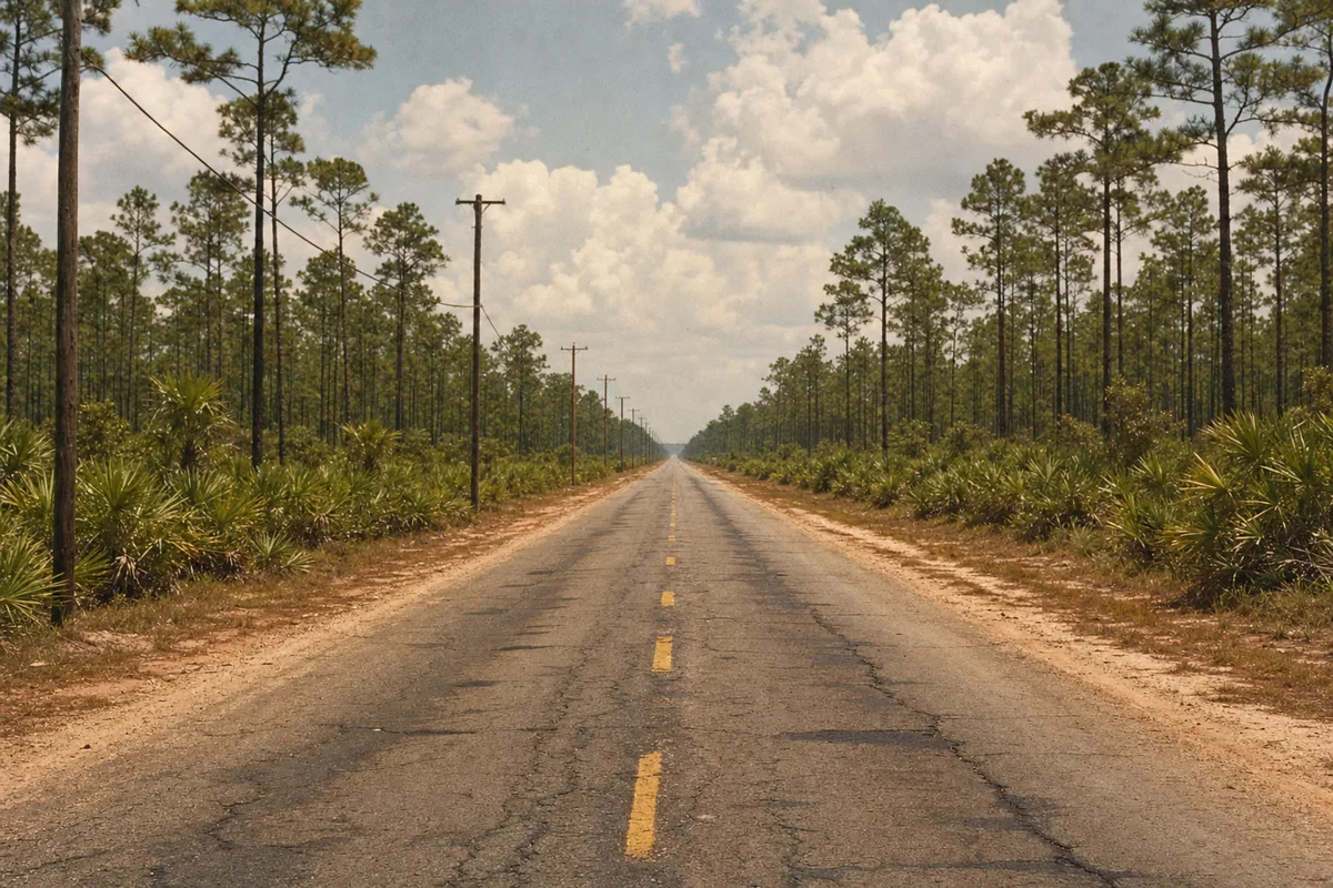 The pinewoods two-lane highway.