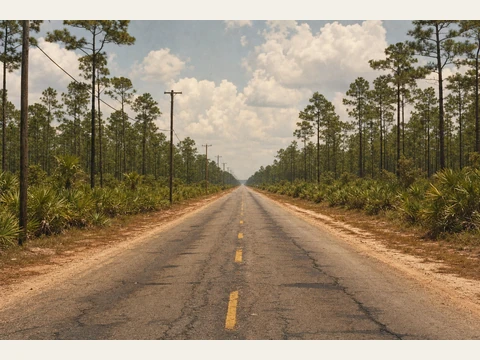 The pinewoods two-lane highway.