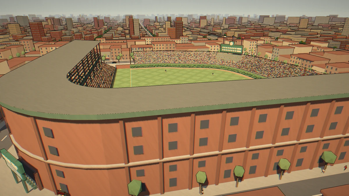 A closer view of the ballpark diamond and stands.