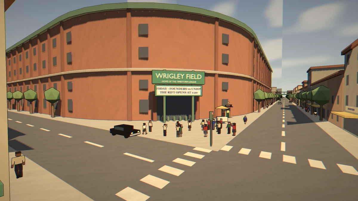 Wrigleyville streets and ballpark entrance in the 1937 game scene.