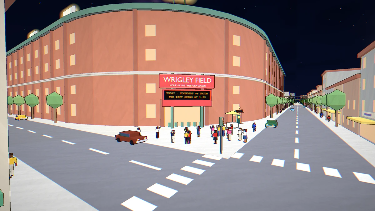 Wrigleyville streets and ballpark entrance in the 1988 game scene.