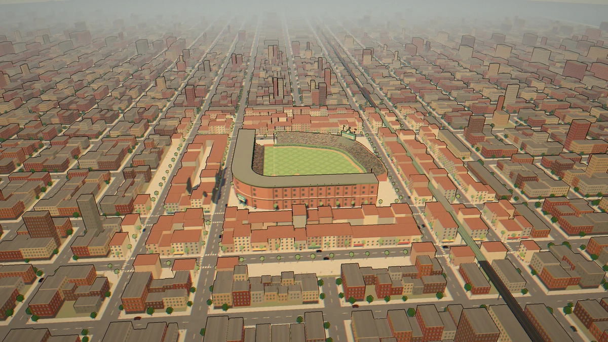 Wrigley Field and the surrounding street grid seen from above.