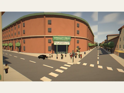 Wrigleyville streets and ballpark entrance in the 1937 game scene.