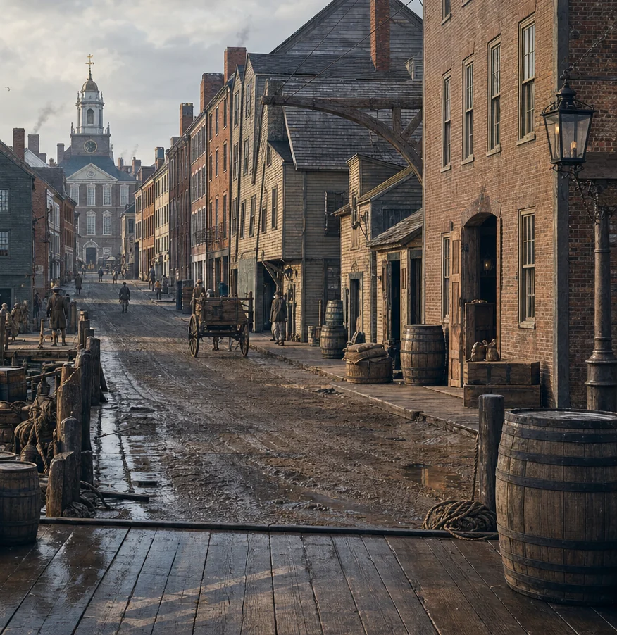 The harbor-side street in the downtown Boston production reference.