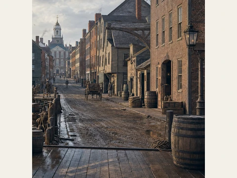 The harbor-side street in the downtown Boston production reference.