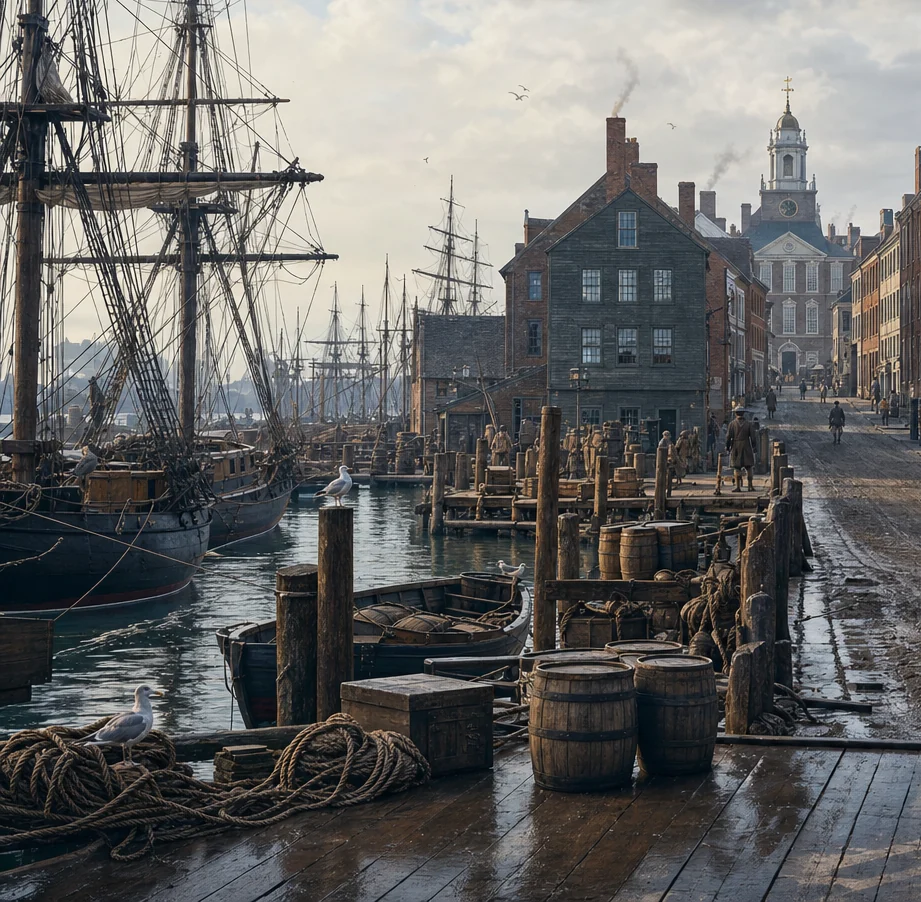 The wharf, with timber planks, rope, barrels and ship masts.