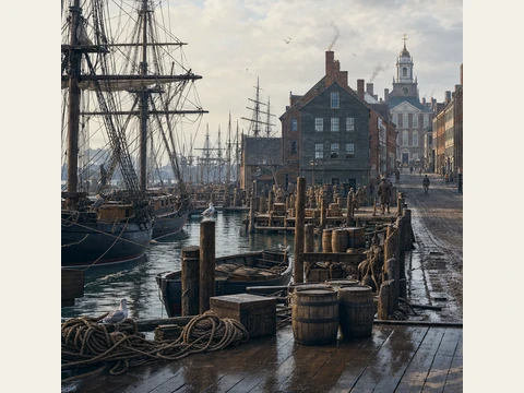 The wharf, with timber planks, rope, barrels and ship masts.
