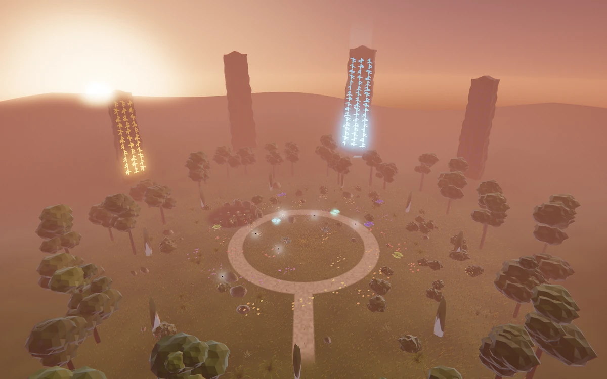 The Concert garden with the four monoliths beyond the trees.